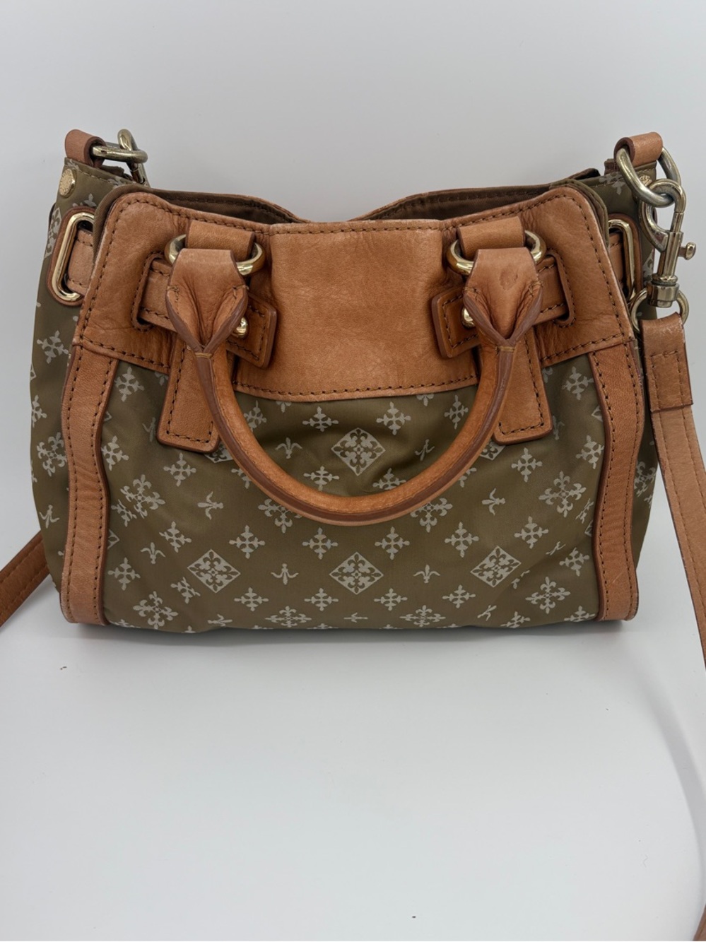Russet Monogram Olive and Tan Women's Satchel with Leather Trim